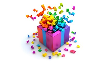 Rainbow gift box exploding confetti celebration