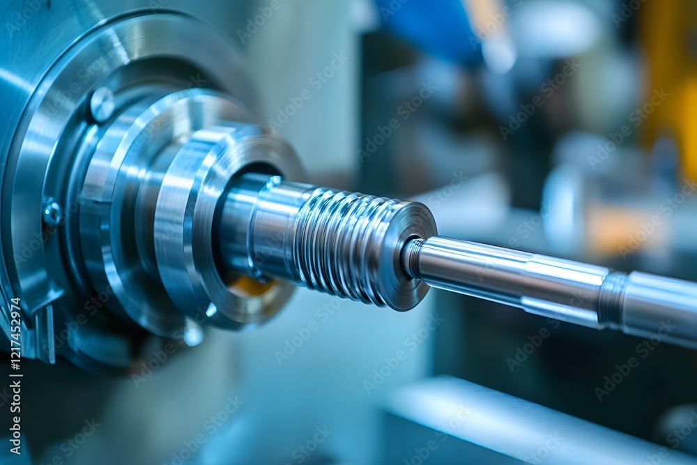 Poster precision engineering process showcasing a close-up of a metal workpiece being machined with advance