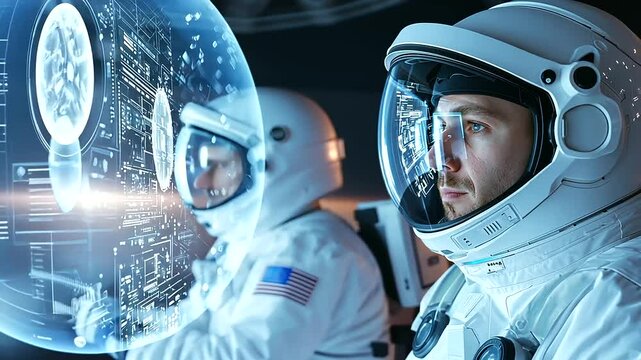Astronauts Analyzing Holographic Satellite Scenarios in Briefing Room