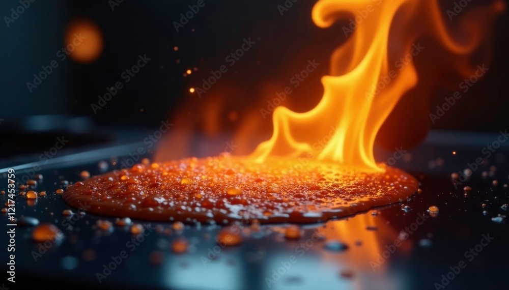 Wall mural Flaming hot oil splatters on stovetop surface, spill, hot