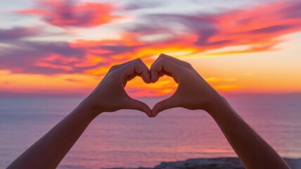 A pair of hands forming a heart shape against a vibrant sunset backdrop, capturing the essence of love and connection by the sea.
