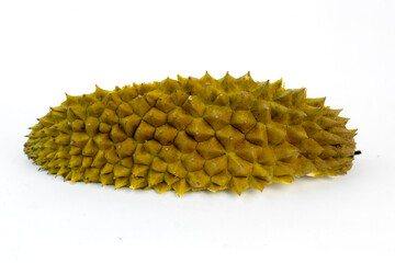 Sliced Durian Fruit with Spiky Husk Isolated on White Background