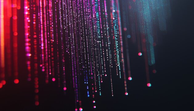 Abstract digital landscape with glowing multicolored lines and vertical light beams, futuristic data visualization on a dark background