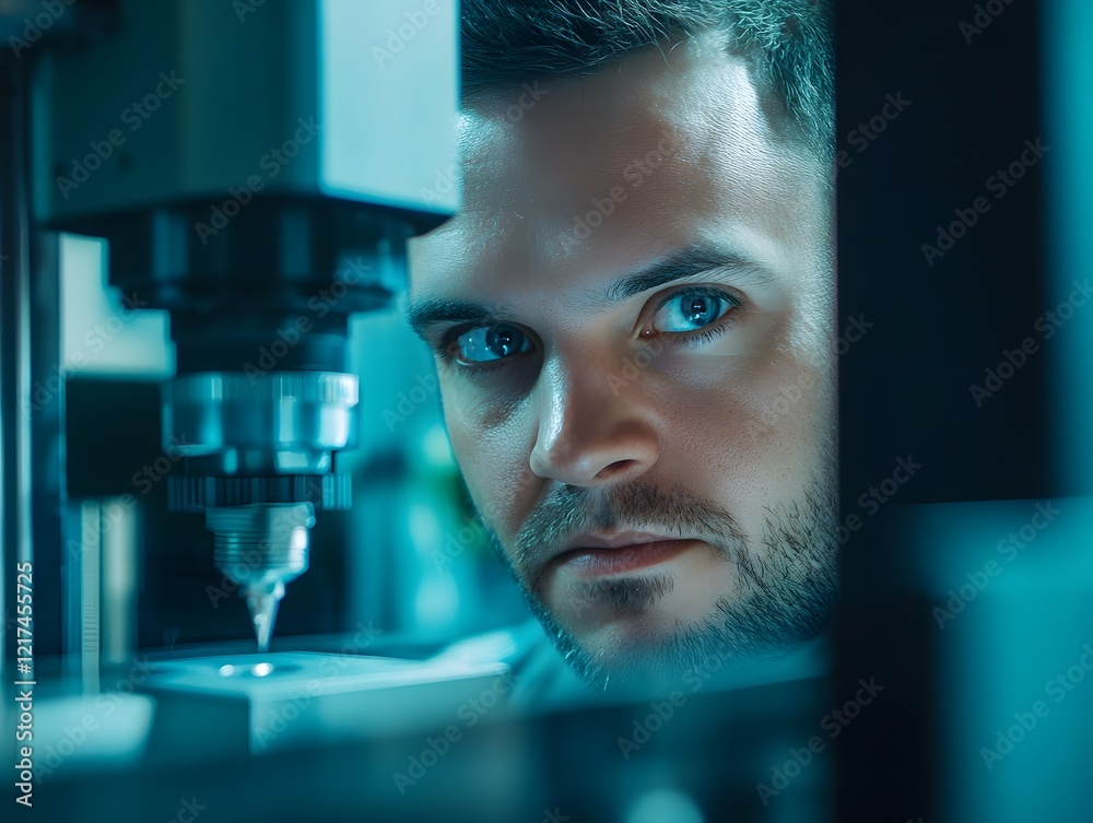 Poster Focused Engineer Operating Precision Equipment in a High-Tech Laboratory Setting, Showcasing Modern Technology and Skilled Craftsmanship in Science and Innovation