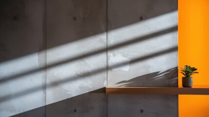 Obraz premium A small green succulent sits on a wooden shelf against a concrete wall, highlighted by vibrant orange light and dynamic shadows, creating a modern aesthetic.