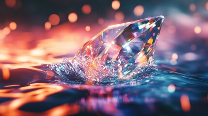 Sparkling crystal floats on vibrant, swirling liquid.