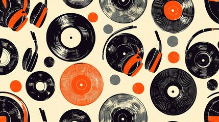 Retro music pattern vinyl records and headphones, background cream dots, ideal for music blogs, websites, or album covers