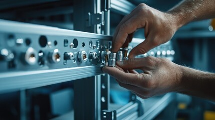 Technician installing connectors on industrial rack.