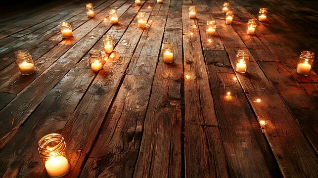 Romantic candlelit wooden floor, warm ambiance, intimate setting, perfect for Valentine's Day or wedding invitations