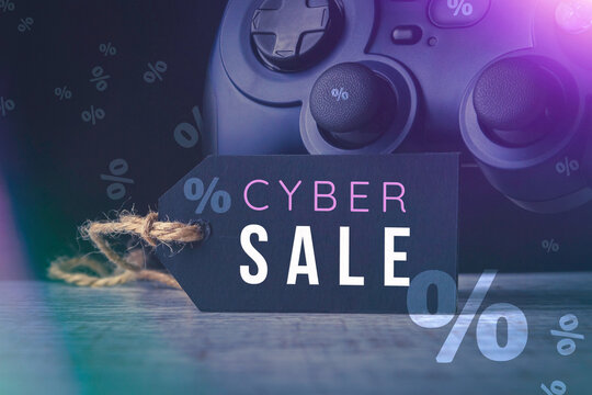 Black friday video game sale. Gamepad and price tag. Cyber sale..