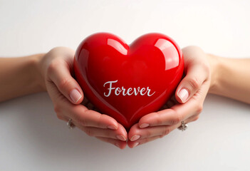 A pair of elegant hands gently holding a glossy red heart with the word "Forever" inscribed in elegant script.
