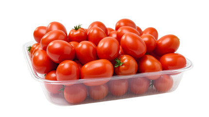Fresh Cherry Tomatoes Packed in a Clear Plastic Container Isolated on a Transparent Background (PNG).