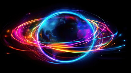 Vibrant energy trails orbit a glowing Earth.
