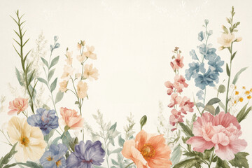 Naklejka premium Beautiful floral arrangement featuring peonies, delphiniums, and wildflowers on a light background in a serene setting