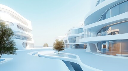 Obraz premium Futuristic white buildings with trees and curved architecture.