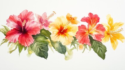 Watercolor painting of vibrant hibiscus flowers in red, pink, and yellow hues, with green leaves, on a white background.