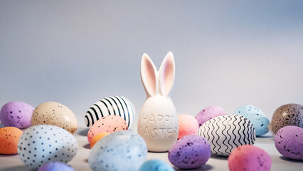 A playful arrangement of various decorated Easter eggs is set around a white bunny figure with ears. The vibrant colors and patterns create a lively spring atmosphere.