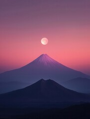 Fototapeta premium Majestic sunset over mountain peaks with a glowing moon.