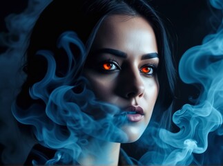 Mysterious woman with glowing eyes surrounded by swirling blue smoke offers an intriguing atmosphere