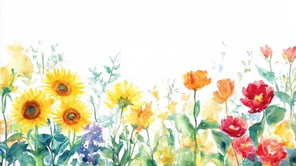 Watercolor painting of vibrant sunflowers, tulips, and other wildflowers in a garden border.