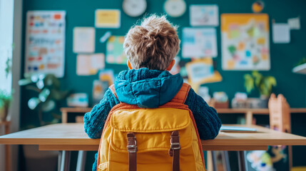 Obraz premium Child with Backpack Sitting at Desk in Classroom Facing Bulletin Board