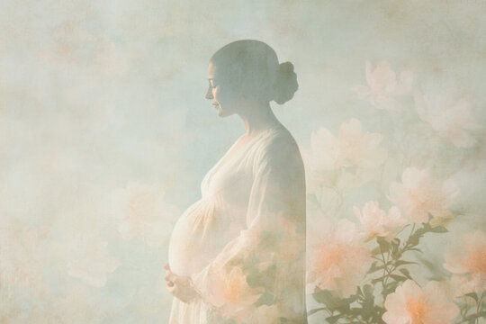 Pregnant woman standing gracefully among soft floral background, celebrating motherhood and natural beauty