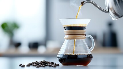Hot coffee pouring into a glass pour-over coffee maker with coffee beans.