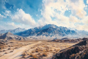 Desert landscape with mountains in Texas . The sun sets over a tranquil desert, casting vibrant colors across the sandy terrain and distant dunes.