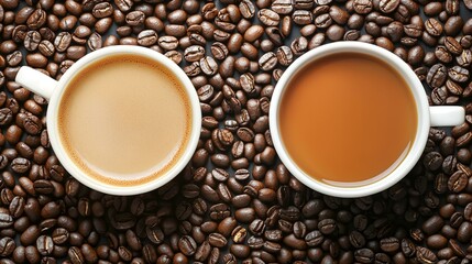 Fototapeta premium Two cups of coffee, one with milk, surrounded by coffee beans. Perfect for cafe menus or coffee ads