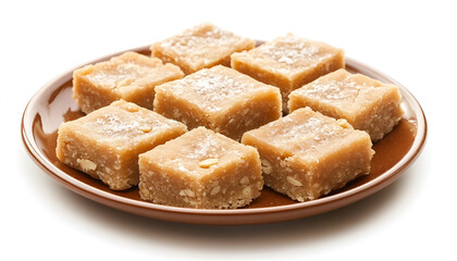 Plate with tasty peanut bars (kozinaki) isolated on white