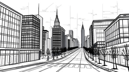 Obraz premium City graphic black white cityscape skyline sketch illustration vector. Generative AI