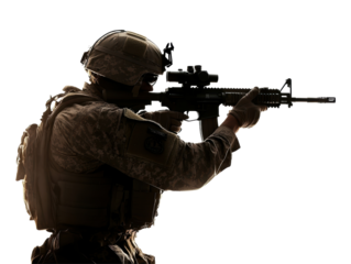 Isolated Silhouette of a Soldier Aiming a Rifle