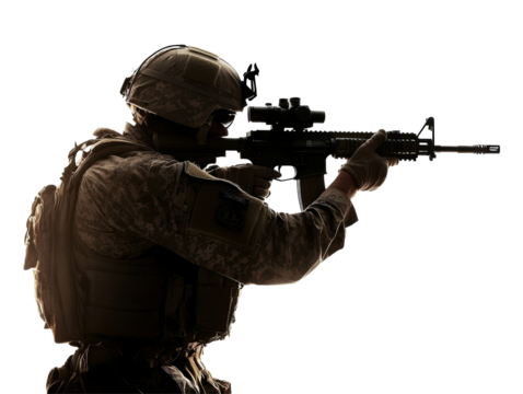Isolated Silhouette of a Soldier Aiming a Rifle