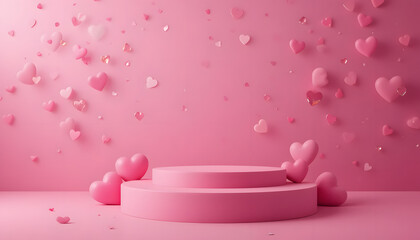 Minimal pink mock up product with podium and heart shape in the back for valentine day. AI generated.
