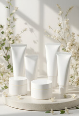 A collection of cosmetics in white packaging, arranged on light background. Different shapes and sizes of jars and tubes, complemented by delicate flowers and green leaves. Light and shadows add depth