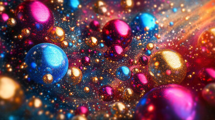 An abstract background featuring a dynamic arrangement of transparent purple, Abstract colorful spheres in a dreamy gradient background