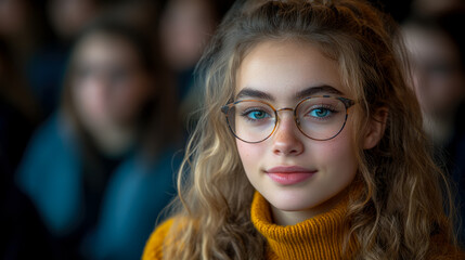Portrait of a young woman with glasses and a mustard sweater