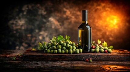 Fototapeta premium Rustic table, olives, wine bottle, sunset, food & drink advert