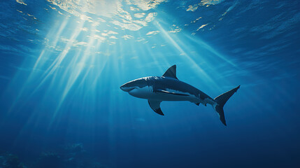 Fototapeta premium A great white shark swimming in crystal-clear blue water with filtered sunlight. Underwater image is ideal for ocean-themed campaigns, marine conservation visuals, or educational content.