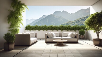 terrace with sofa, surrounded by greenery, with a view of the mountains