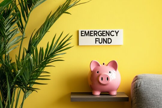 A cheerful pink piggy bank sits on a shelf near a green plant, symbolizing savings for an emergency fund against a bright yellow wall. fund for emergency