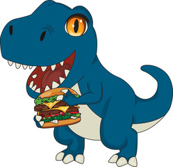 Cute blue dinosaur eating burger vector