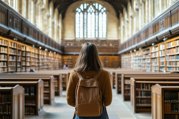young common woman, oxford library background