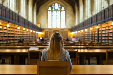 young common woman, oxford library background
