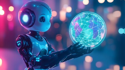 Fototapeta premium Friendly 3D Robot Holding Mini Holographic Globe in Vibrant Futuristic Setting