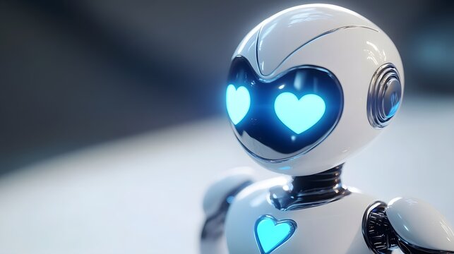 Cheerful Futuristic 3D Mascot with Glowing Blue Heart-Shaped Core
