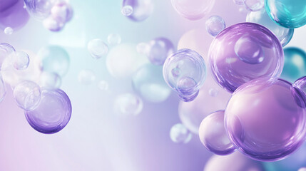 Soap bubbles creating foam on a blue liquid surface, Serum drops on a blue background. Top view, space for text.