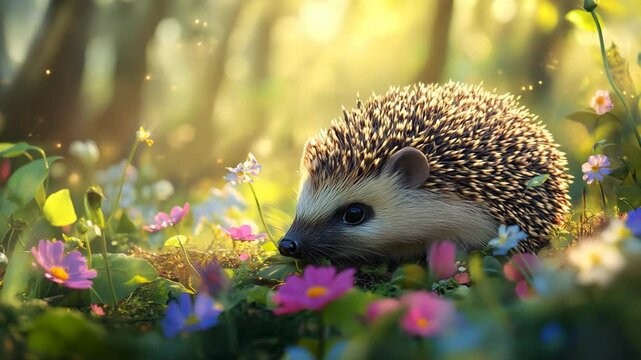 A charming hedgehog exploring a blooming meadow in a forest, surrounded by an enchanting fairy-tale landscape.