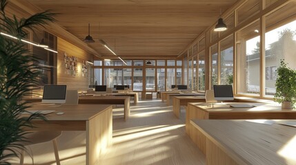 Fototapeta premium Modern Wooden Office Sunlight Interior Design