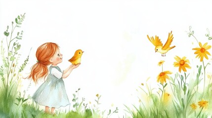 National Wendy Day Whimsical nature scene with girl and bird in colorful garden setting